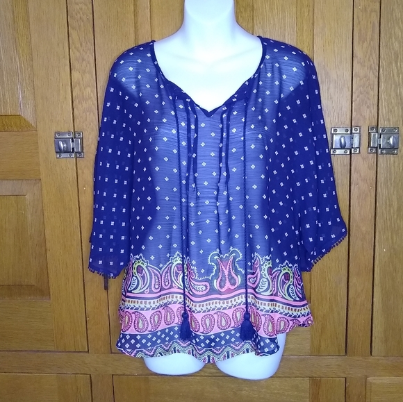 Olsenboye blue patterned flowy chiffon boho short sleeve peasant top - Picture 1 of 7